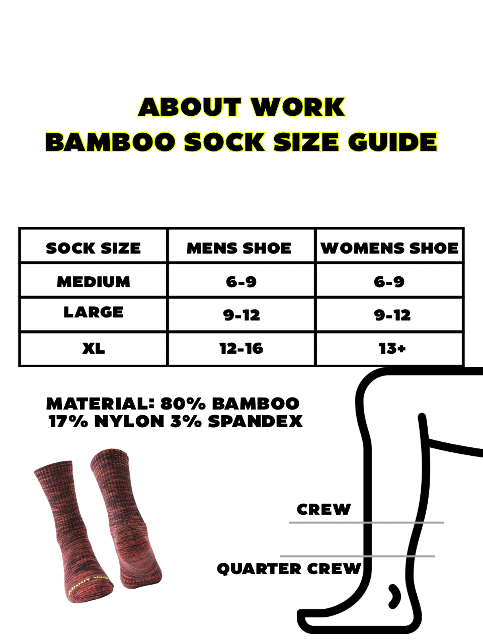 Bamboo sock size guide with material details and sock types on a white background