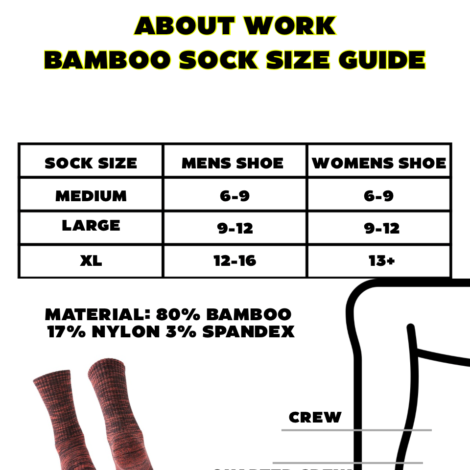 Bamboo sock size guide with material details and sock types on a white background