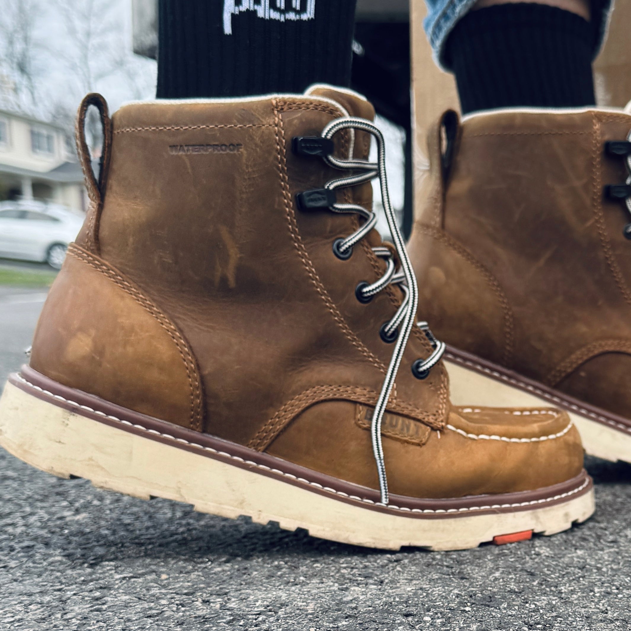 Brown Boots with Bamboo Work socks showing
