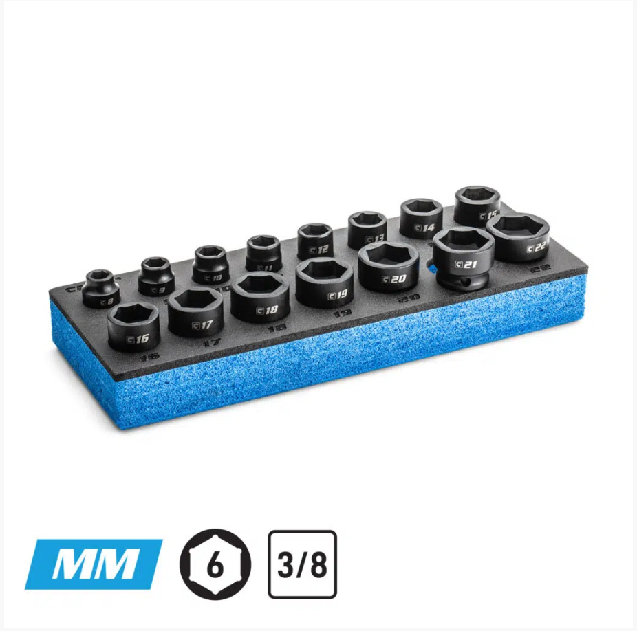 Capri 3/8 in. Drive Stubby Impact Socket Set, Metric, 8 to 22 mm, 15 Piece