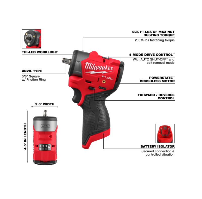 Milwaukee Tools M12 FUEL™ 3/8" Subcompact Impact Wrench w/ Friction Ring