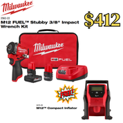 Milwaukee M12 Gen 2 3/8" Stubby Impact Kit with Free Tire Inflator