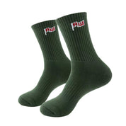 Pair of green socks with a logo on a white background