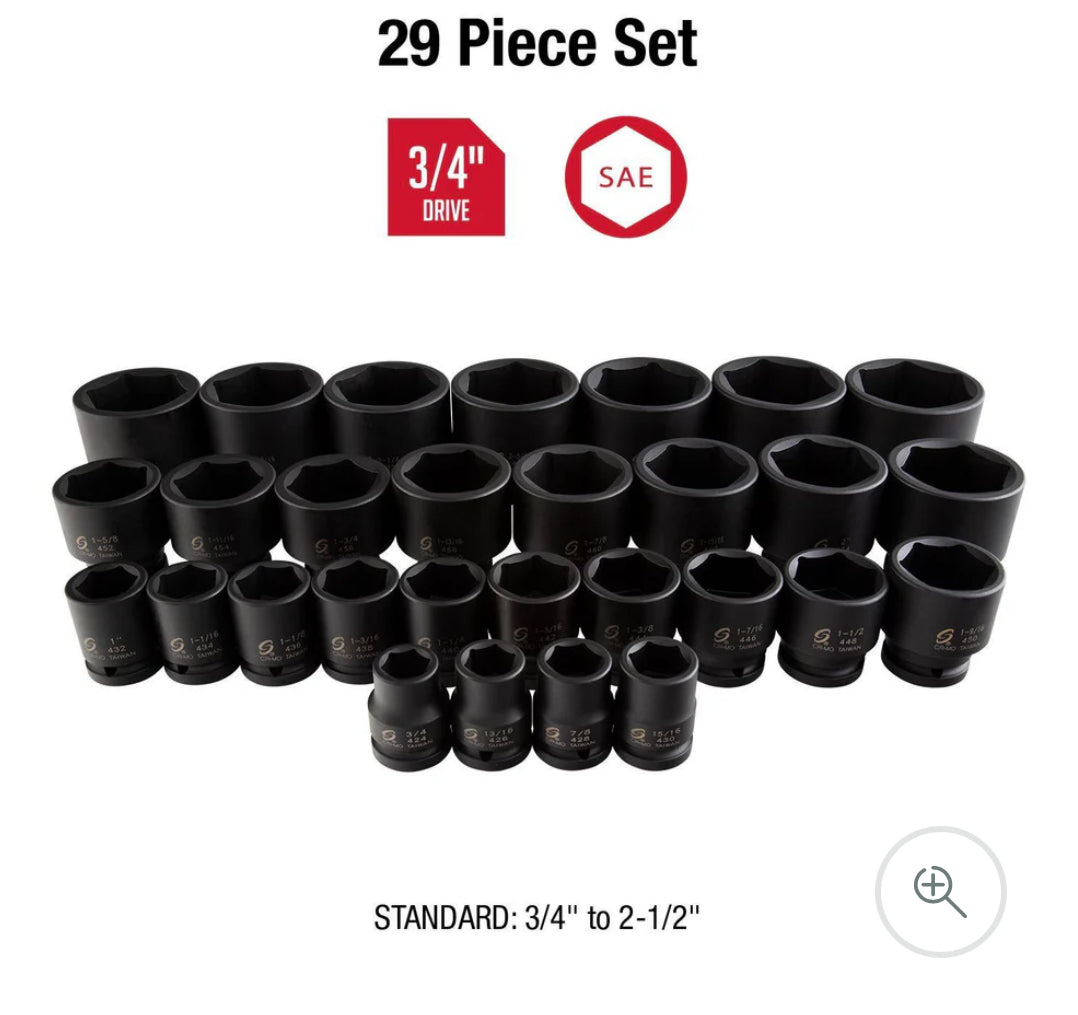 3/4" DRIVE SAE 6 POINT STANDARD 29-PIECE IMPACT SOCKET SET