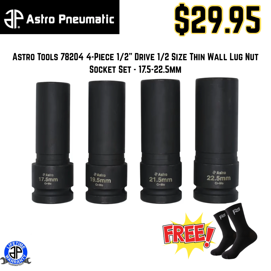 Astro Tools 78204 4-Piece 1/2" Drive 1/2 Size Thin Wall Lug Nut Socket Set - 17.5-22.5mm
