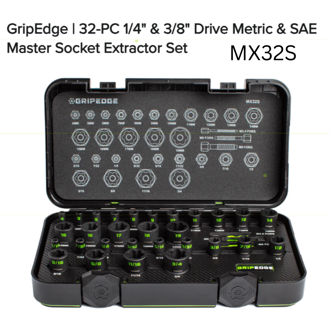 GripEdge 32-piece socket extractor set with open case on a white background