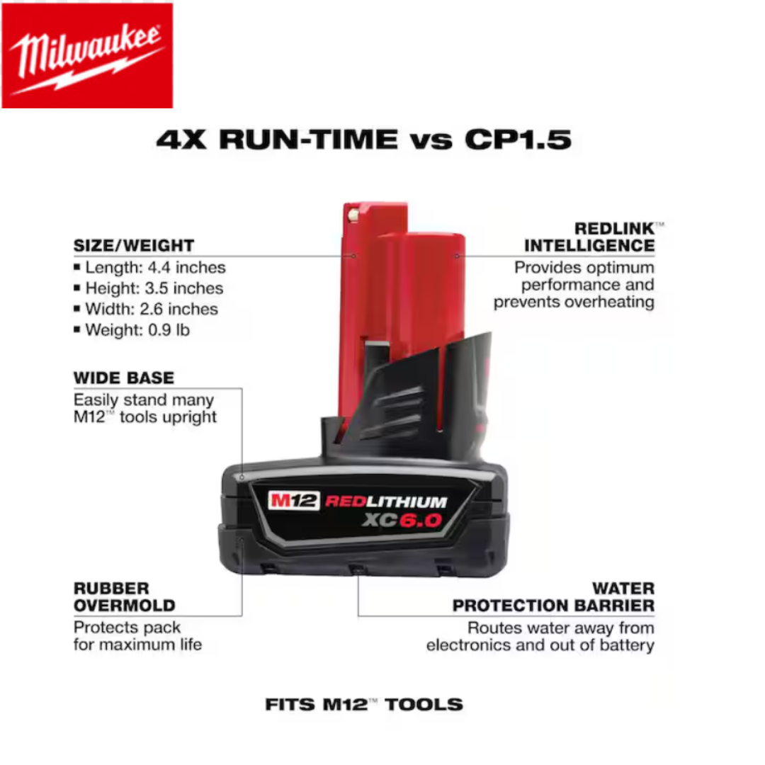 Milwaukee Tools M12 12V Lithium-Ion XC Extended Capacity Battery Pack 6. 0Ah (2-Pack)