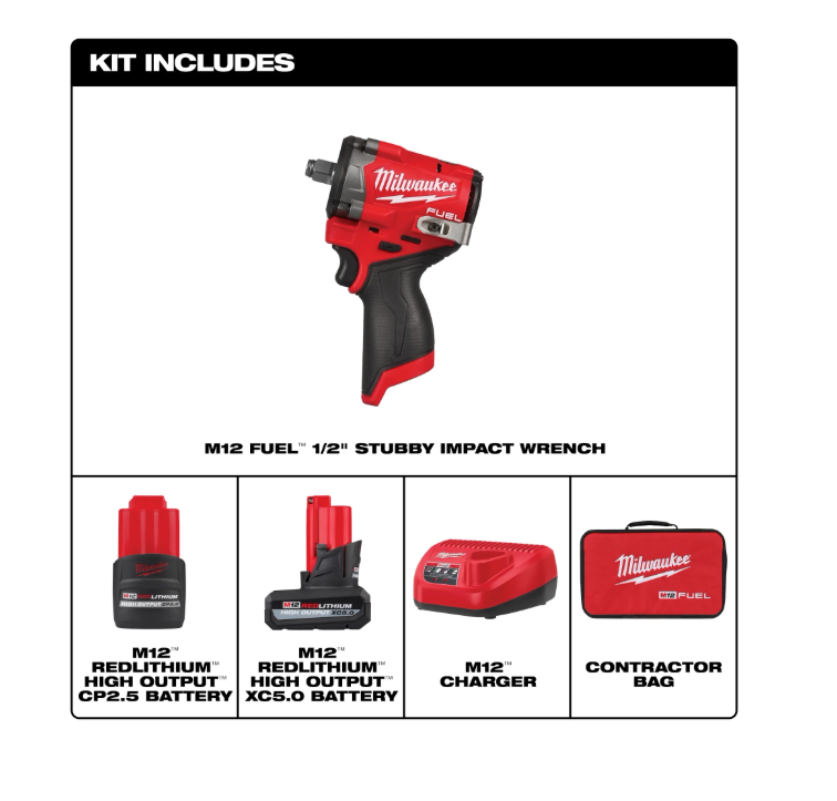 Milwaukee M12 Gen 2 1/2" Stubby Impact Kit with Free Tire Inflator