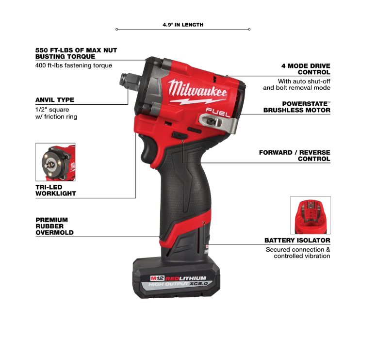 Milwaukee M12 Gen 2 1/2" Stubby Impact Kit with Free Tire Inflator