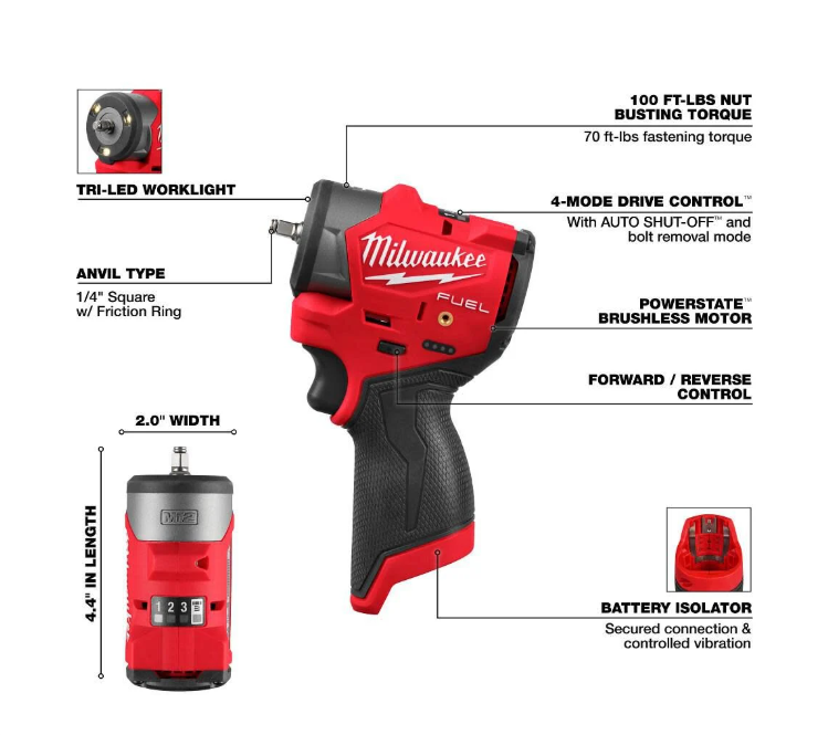 Milwaukee M12 FUEL 1/4 Inch Subcompact Impact Wrench with Friction Ring (Bare Tool)