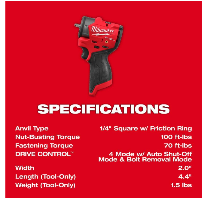 Milwaukee M12 FUEL 1/4 Inch Subcompact Impact Wrench with Friction Ring (Bare Tool)