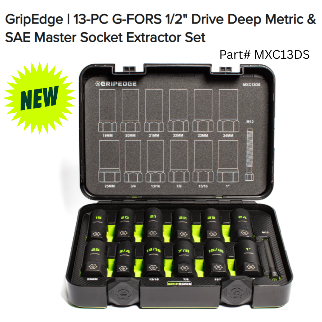GripEdge 13-piece G-FORS socket extractor set in open case with 'NEW' label.