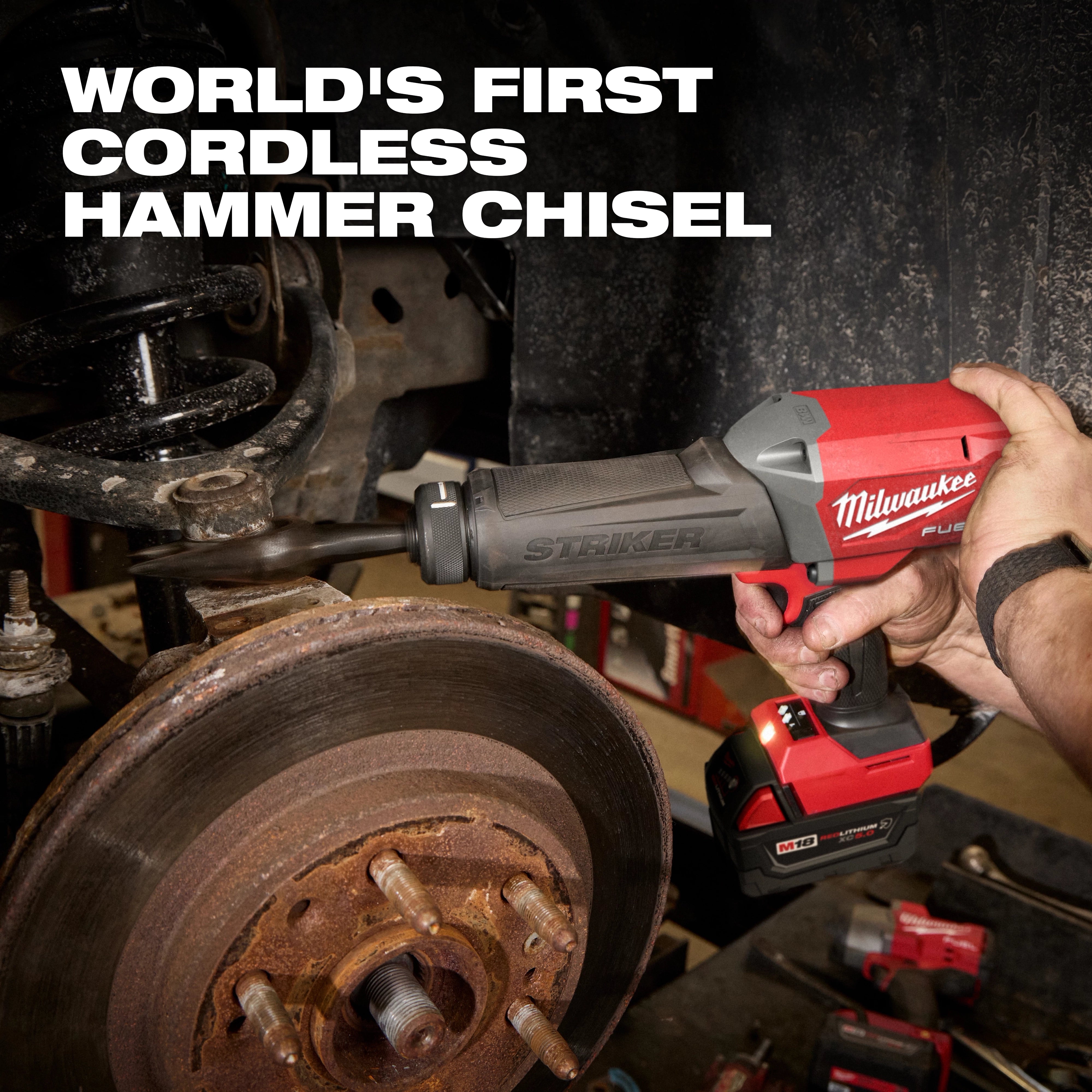 M18 FUEL STRIKER Hammer Chisel in use on a vehicle brake assembly