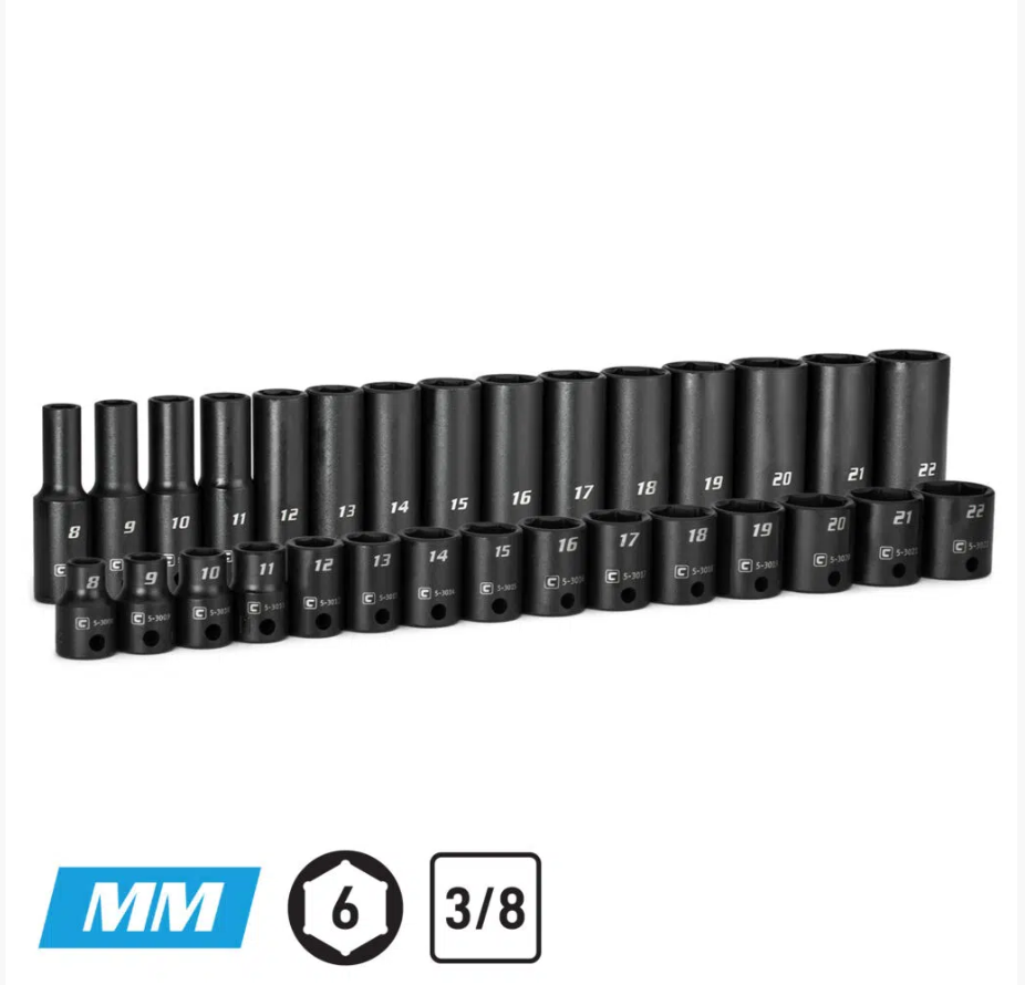 Capri 3/8″ Drive Impact Socket Set, Deep and Shallow, 8 – 22 mm