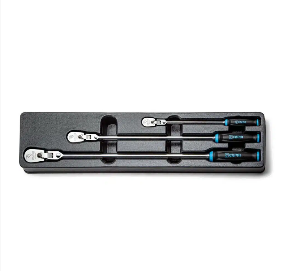Capri Tools  Fine 90-Tooth Locking Flex-Head Ratchet Set, Extra Long Soft Grip Handle, 1/4, 3/8, 1/2 in. Drive, 3-Piece