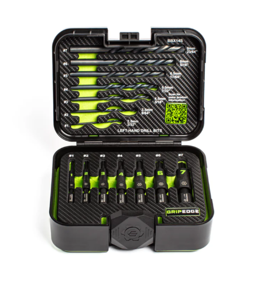 Drill bit set with black and green case on a white background