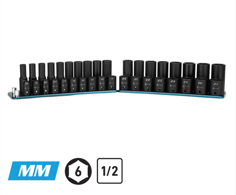 Capri 1/2″ Metric Master Impact Socket Set, 10 – 27 mm with Billet Aluminum Tray