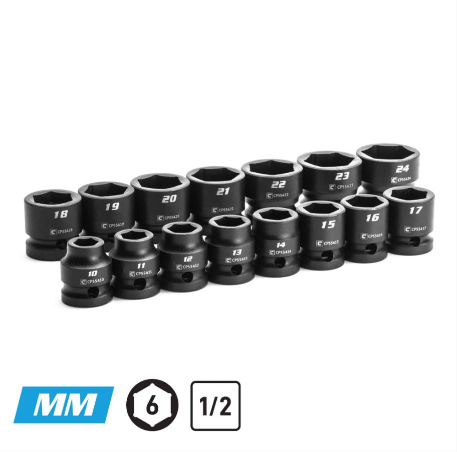 Capri Tools 15 pc Metric 1/2” Stubby Impact Socket Set